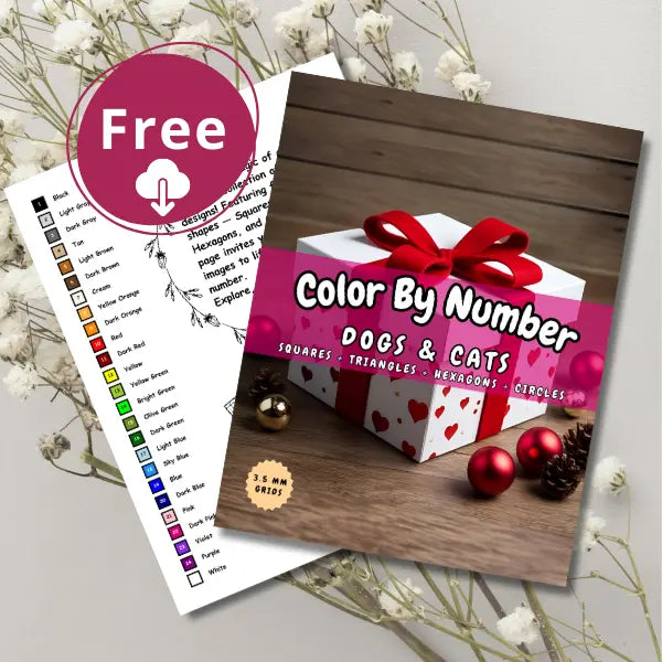 Free Color By Number activity featuring dogs and cats with geometric shapes and a color palette guide.