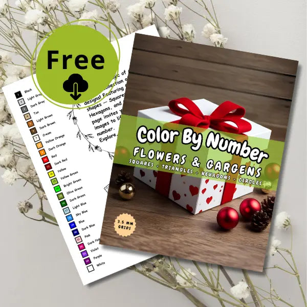 Color By Number Flowers & Gardens book cover with free printable coloring guide, featuring geometric shapes and holiday decor.