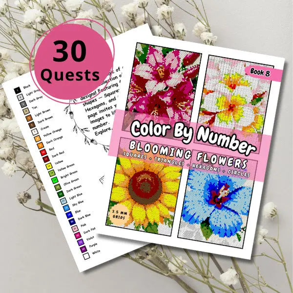 Cover of a 'Blooming Flowers Color By Number' ebook with a '30 Quests' badge, showcasing vibrant sample completed flower images such as a red dahlia, yellow blossoms, a sunflower, and a blue hibiscus, using squares, triangles, hexagons, and circles.