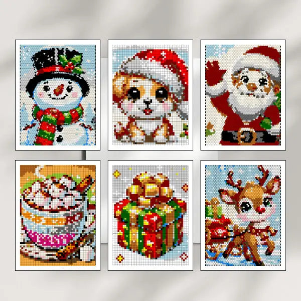 Six completed Christmas color by number geometric art pages, showing various christmas designs including a snowman, a puppy in a Santa hat, Santa Claus waving, a mug of hot cocoa with marshmallows, a wrapped gift box, and a reindeer pulling a sleigh.
