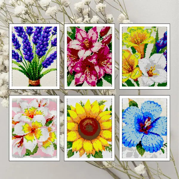 Six colorful completed mosaic art pieces of blooming flowers, including lavender, pink lilies, mixed yellow and orange flowers, white flowers with pink accents, a sunflower, and a blue hibiscus, all in a pixelated style.