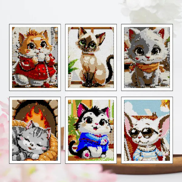 Set of six vibrant completed mosaic art prints featuring various cat breeds in pixelated style: an orange tabby, Siamese, gray kitten, sleeping tabby by fireplace, vampire cat, and a white cat with glasses.