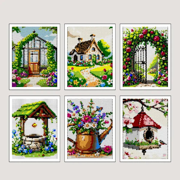 Six completed color by number mosaic art pieces depicting various garden scenes, including a greenhouse, a cottage with a path, a rose-covered archway, a wishing well, a watering can with flowers, and a birdhouse on a tree branch.