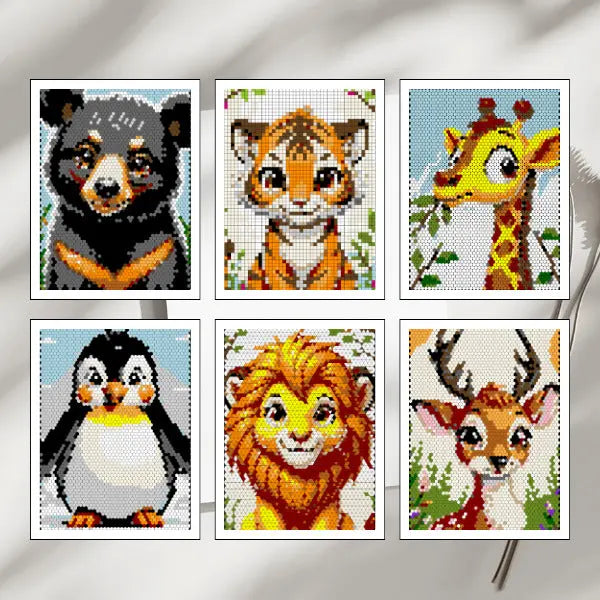 Six completed color by number mosaic art pieces featuring cute wild animals, including a black bear cub, a tiger cub, a baby giraffe, a penguin, a lion cub, and a young deer, all rendered in a pixelated style.