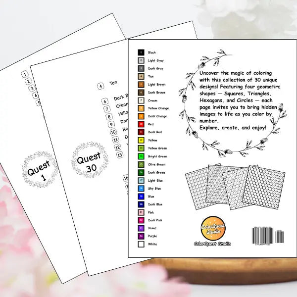Consistent color palette through out all 30 quests matched to the full color palette on the back cover. Four distinct geometric coloring grids for mosaic art: squares, triangles, hexagons, and circles.
