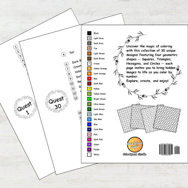 Coloring book pages with geometric shapes and color chart on a white background