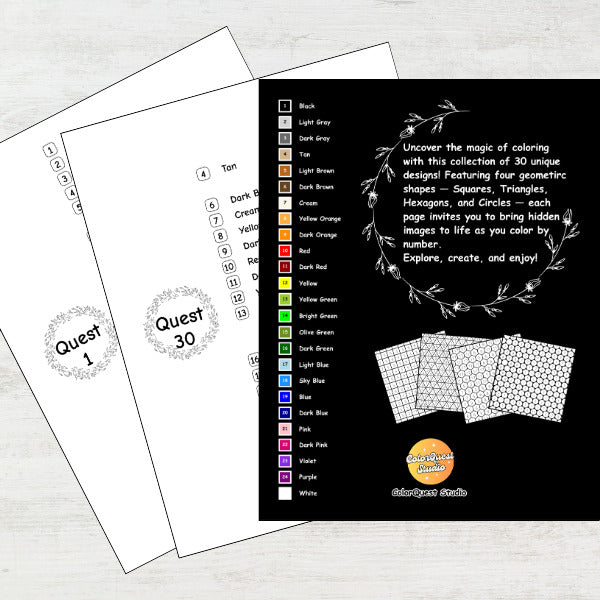Coloring book with geometric shapes and a color swatch on a white background