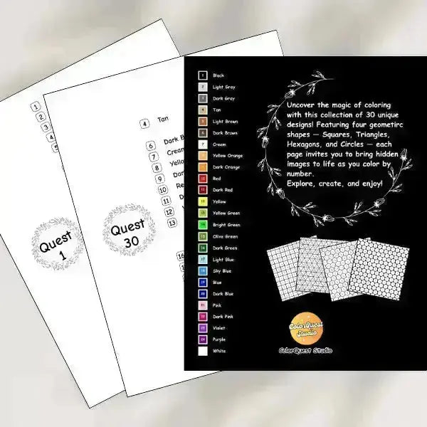 ColorQuest Studio Halloween mystery mosaic coloring book pages with a consistent color palette key featuring various shades of black, gray, brown, orange, red, green, blue, pink, purple, and white. Examples of geometric grids like squares, triangles, hexagons, and circles are visible.