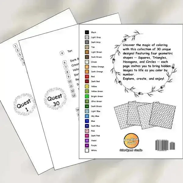 Open color by number coloring book displaying two interior pages. The interior pages show color palette for different quests, while the back cover page features a full color palette key with numbers and corresponding color names, along with a description of the book highlighting various geometric mosaic patterns like squares, triangles, hexagons, and circles.