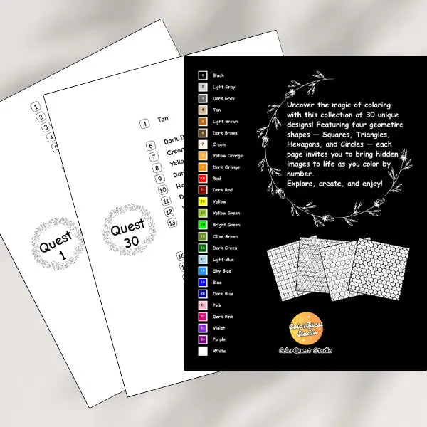 Open coloring book displaying a color key with numbered colors, alongside an instruction page with full palette colors showcasing four geometric mosaic patterns: squares, triangles, hexagons, and circles.