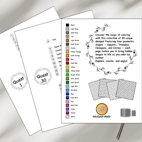 Consistent color palette through out all 30 quests matched to the full color palette on the back cover. Four distinct geometric coloring grids for mosaic art: squares, triangles, hexagons, and circles.