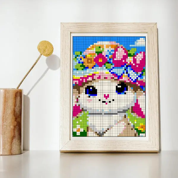 Framed completed Easter color by number pixel art of a cute white bunny wearing a colorful flower hat, set against a bright blue sky with clouds and green grass with tiny flowers, perfect for spring coloring.