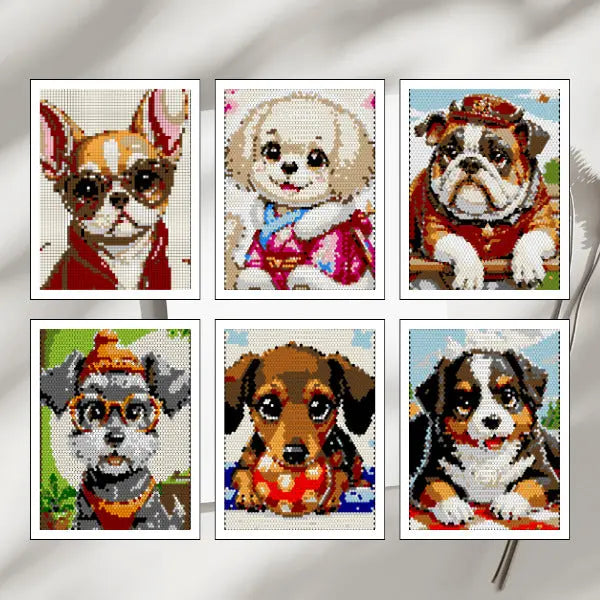 Set of six vibrant completed mosaic art prints featuring various dog breeds in pixelated style: a Chihuahua, Maltese, English Bulldog, terrier, Dachshund, and Bernese Mountain Dog puppy.