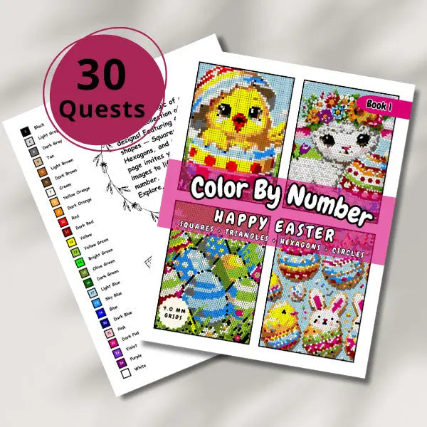 Close-up of the cover of an "Easter Color By Number" e-book with a yellow circle indicating "30 Quests." The cover showcases four cheerful Easter-themed mosaics, including an Easter bunny, Easter eggs, a spring bird, and a chick, all created with squares, triangles, hexagons, and circles.
