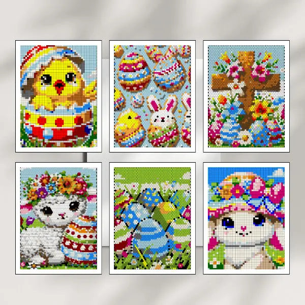 Six framed art prints of completed color by number Easter designs, featuring a decorated Easter egg, a chick, an Easter bunny, another Easter egg, a spring bird, and a basket of eggs, all created with mosaic patterns.