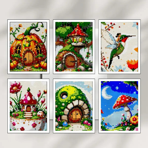Six art pages of completed color by number designs from a "Fairy Gardens" collection, featuring images like a pumpkin house, a treehouse, a hummingbird with a fairy, a mushroom house, a green fairy house, and a moonlight mushroom scene.