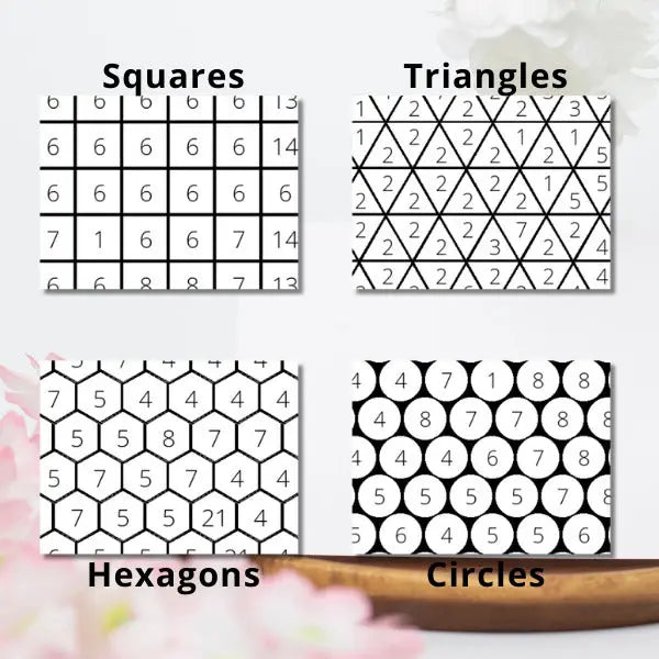 Four detailed examples of geometric coloring grids for mosaic art: squares, triangles, hexagons, and circles, each numbered for color by number activities.