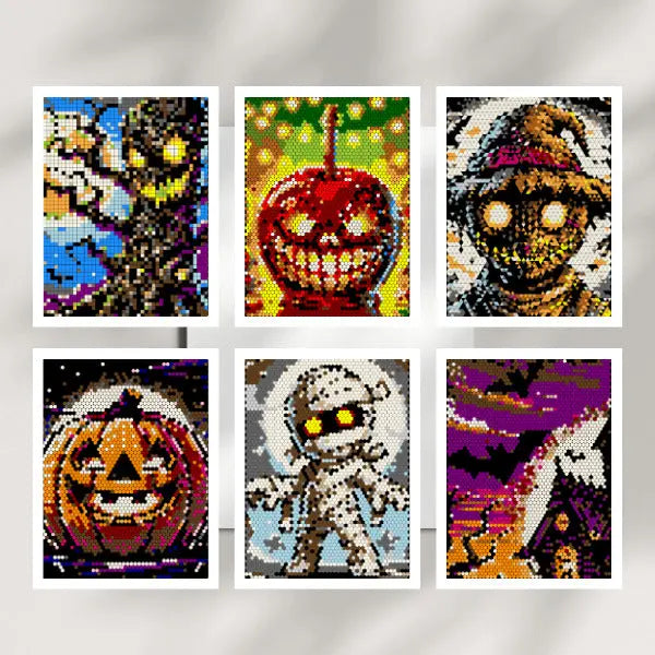 Six completed Halloween color by number pages, showing various geometric art designs including a spooky tree creature, a smiling poison apple, a scarecrow, a pumpkin jack-o-lantern, a wrapped mummy, and a haunted house with bats.