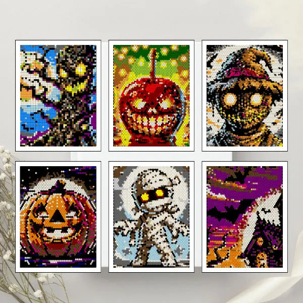 Six framed art prints of completed color by number Halloween designs, featuring a haunted house, a ghost, a pumpkin, a witch's hat, a spooky tree, and a bat, all created with mosaic patterns.