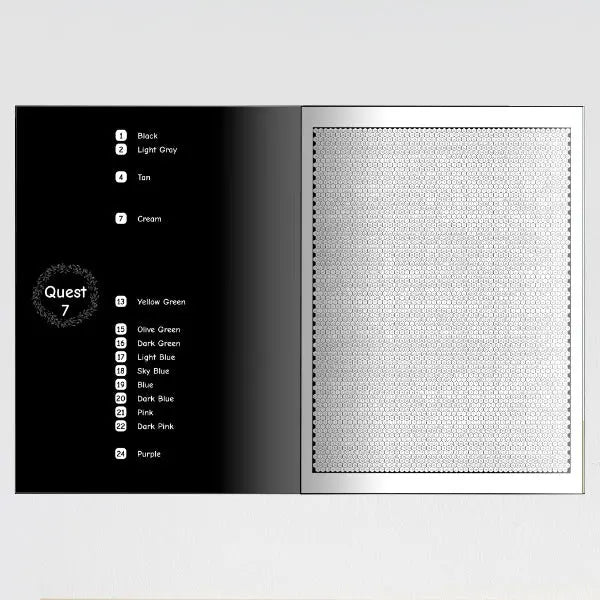 An open coloring book showing a color key with numbered colors on the left page and a blank grid for coloring on the right page.
