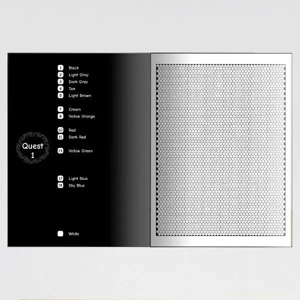 Blank hidden quest mystery mosaic coloring page, showing a complex hexagonal grid design on the right and a detailed numerical color chart on the left, listing colors from black to white with various intermediate shades for creative coloring.