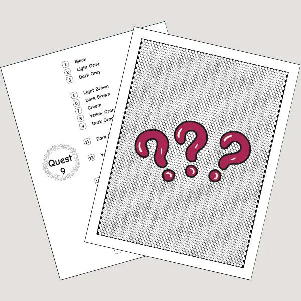 A 'Quest 9' mystery mosaic coloring page and color palette page.