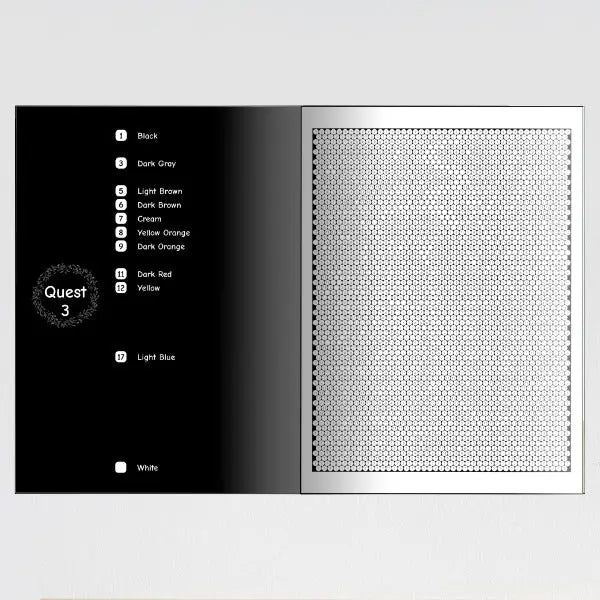 Blank hidden quest mystery mosaic coloring page, showing a complex hexagonal grid on the right ready for coloring, with a numerical color chart on the left listing black, various grays, light brown, dark brown, cream, yellow orange, dark orange, dark red, yellow, and light blue shades.
