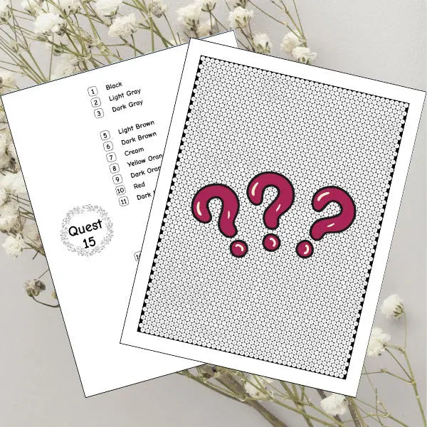 Unfinished 'Quest 15' mystery mosaic coloring page showing three prominent question marks on an hexagonal grid, awaiting color to reveal the hidden image. Includes a color guide.