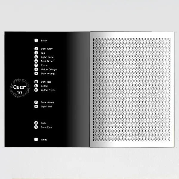 An open color by number mystery mosaic coloring book showing two interior pages. The left page is at the top and features a large, intricate, uncolored mosaic pattern.