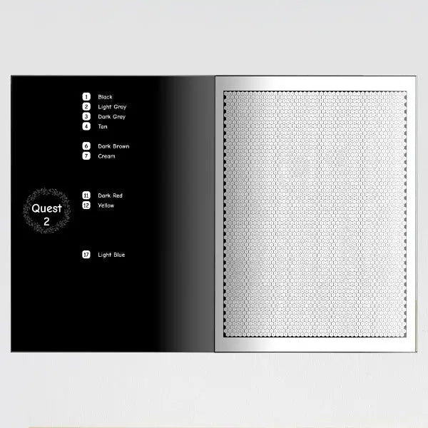 Blank hidden quest mystery mosaic coloring page, showing a complex hexagonal grid on the right ready for coloring, with a numerical color chart on the left listing black, various grays, tan, dark brown, cream, dark red, yellow, and light blue shades.