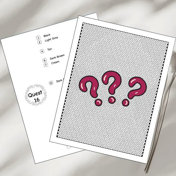 Unfinished 'Quest 16' mystery mosaic coloring page, ready for coloring by number to reveal a hidden dog image. Includes a color guide.
