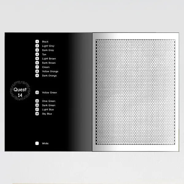 An open color by number mystery mosaic coloring book showing two interior pages. The left page is labeled "Quest 14" at the top and features a large, intricate, uncolored mosaic pattern.