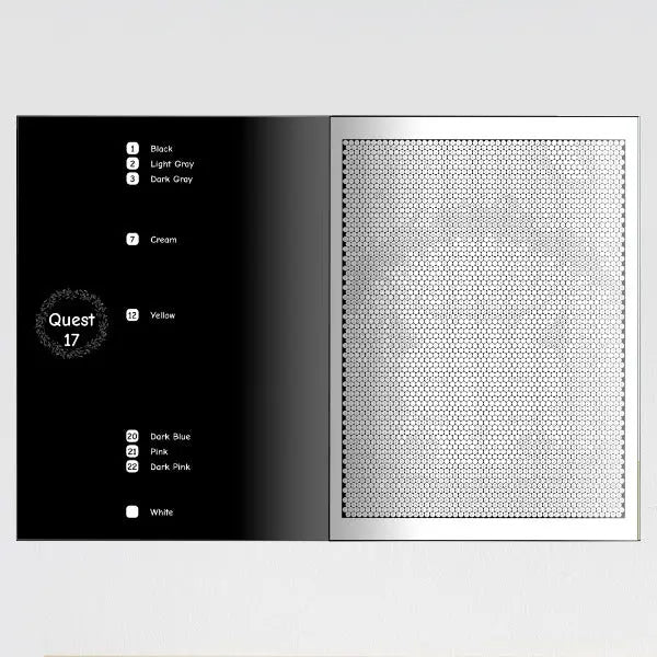 An open color by number mystery mosaic coloring book showing two interior pages. The left page is labeled "Quest 17" at the top and the right page features a large, intricate, uncolored mosaic pattern.