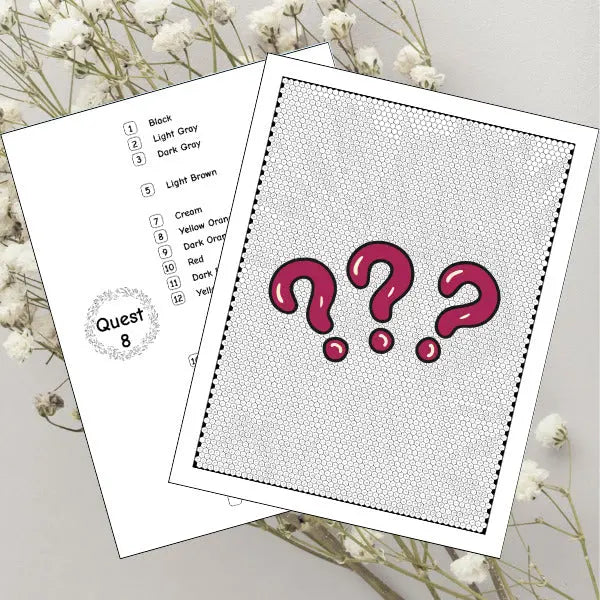 A 'Quest 8' mystery mosaic coloring page and palette page.