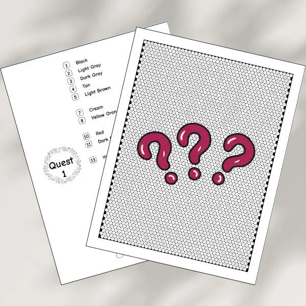 An open color by number mystery mosaic coloring book showing two interior pages. One page is labeled "Quest 1" and another page features a large, intricate, uncolored mosaic pattern.