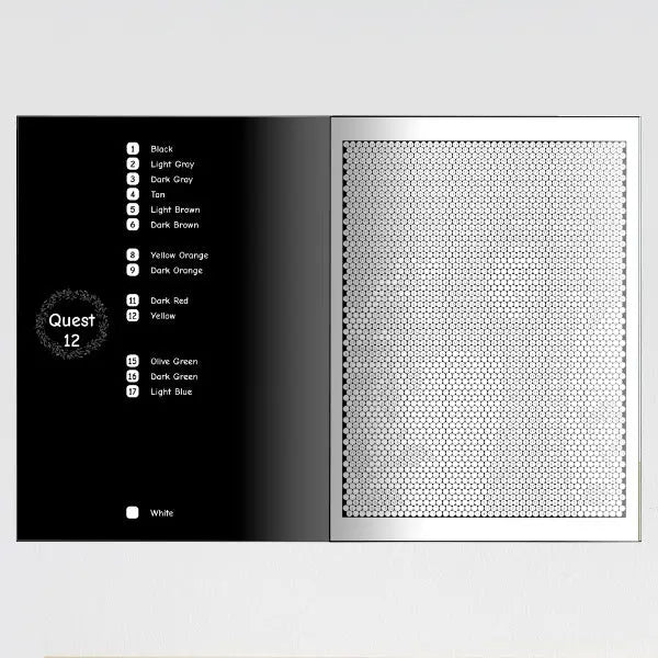 An open color by number mystery mosaic coloring book showing two interior pages. The left page is labeled "Quest 1" at the top and features a large, intricate, uncolored mosaic pattern.