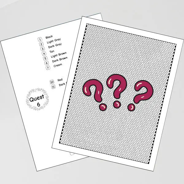 Close-up of a 'Hidden Quest Mystery Mosaic' coloring page with a question mark design to be colored by number, alongside a color key.