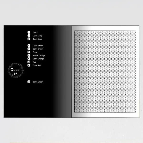 An open color by number mystery mosaic coloring book showing two interior pages. The left page is labeled "Quest 15" and the right page features a large, intricate, uncolored mosaic pattern.