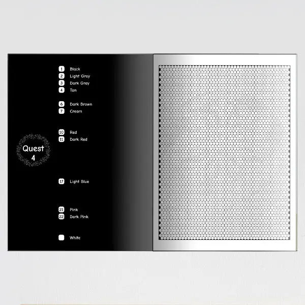 Blank hidden quest mystery mosaic coloring page, showing a complex hexagonal grid on the right ready for coloring, with a numerical color chart on the left listing black, light gray, dark gray, tan, dark brown, cream, red, dark red, light blue, pink, dark pink, and white shades.