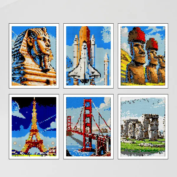 Six completed color by number images of world landmarks including the Sphinx, Space Shuttle, Easter Island heads, Eiffel Tower, Golden Gate Bridge, and Stonehenge, all rendered in pixelated style.