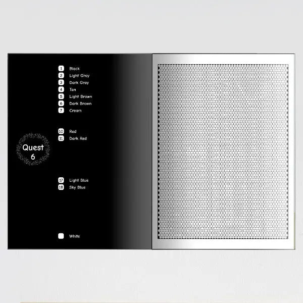 An open coloring book showing a color key with numbered colors on the left page and a blank grid for coloring on the right page.