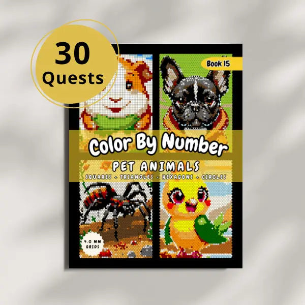 Close-up of the cover of a "Color By Number Pet Animals" book with a yellow circle indicating "30 Quests." The cover showcases four charming pet animal mosaics, including a guinea pig, a french bulldog, an arachnid, and a parrot, all created with squares, triangles, hexagons, and circles.