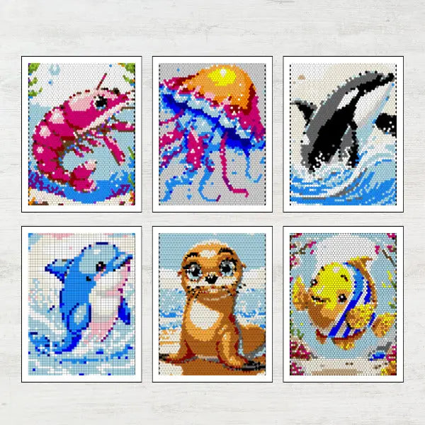 Set of six vibrant completed sea animal mosaic art prints, featuring a shrimp, jellyfish, orca, dolphin, sea lion pup, and a colorful tropical fish.