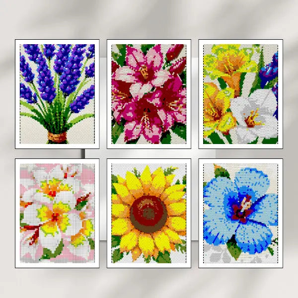 Six framed art prints of completed color by number flower designs, including lavender, lilies, mixed florals, plumeria, a sunflower, and a blue hibiscus.