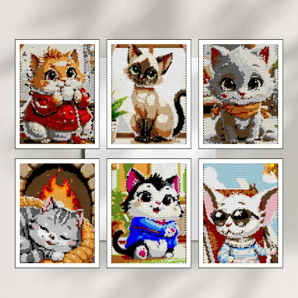 Six framed art prints of completed color by number cat designs, featuring a calico cat, a tortoiseshell cat, a black cat, a tabby cat, a siamese cat, and a fluffy white cat, all created with mosaic patterns.