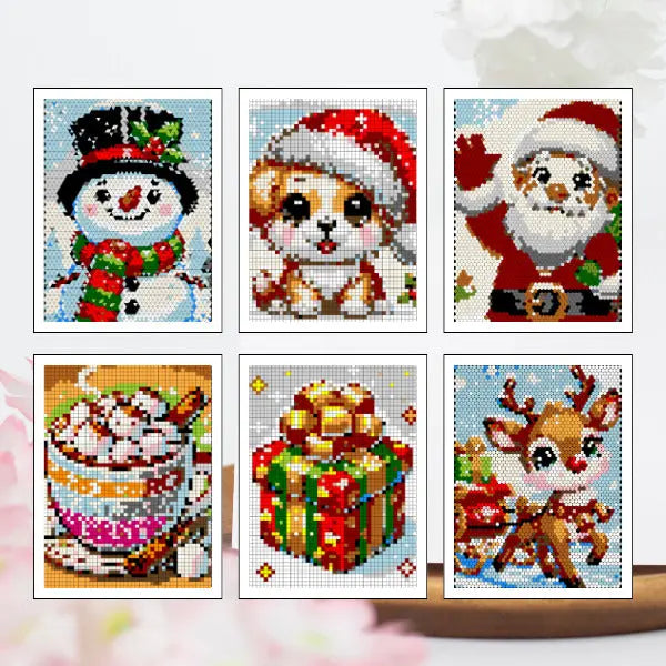 Six framed art prints of completed color by number Christmas designs, featuring Santa Claus, a reindeer, a snowman, a Christmas tree, a present, and a candy cane, all created with mosaic patterns.