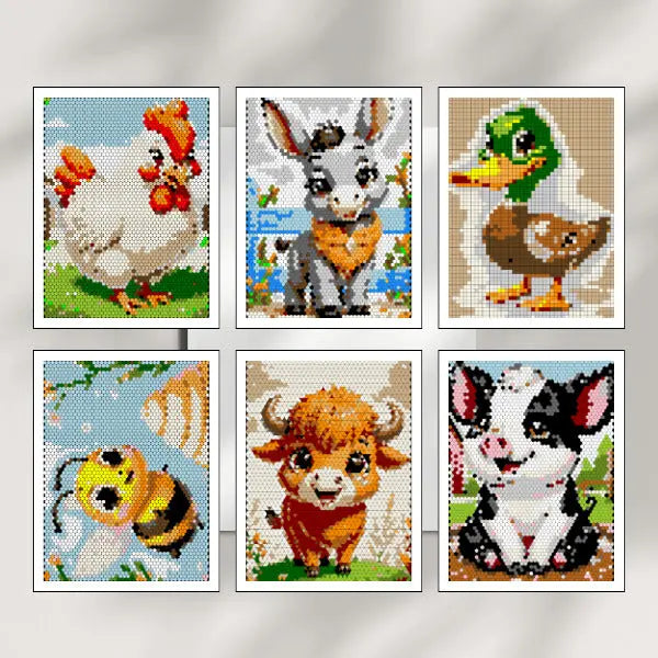 Six framed art prints of completed color by number farm animal designs, featuring a rooster, a donkey, a duck, a bee, a bull, and a piglet, all created with mosaic patterns.