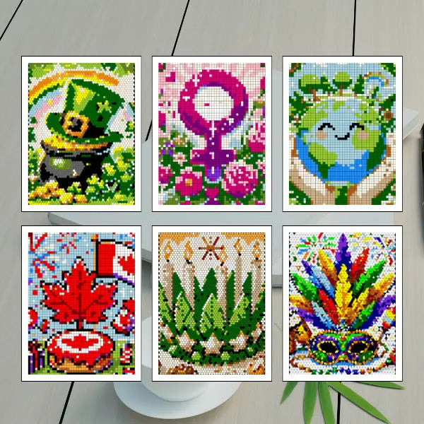 Six art prints of completed color by number world holiday designs, featuring a International Women's Day, Saint Lucy's Day, a Canada Day heart, a St. Patrick's Day, Earth Day, and a Carnival, all created with mosaic patterns.