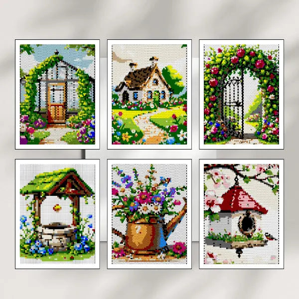 Six framed art pages of completed color by number garden designs, including a greenhouse, a cozy cottage, a rose archway, a wishing well, a watering can with flowers, and a birdhouse.