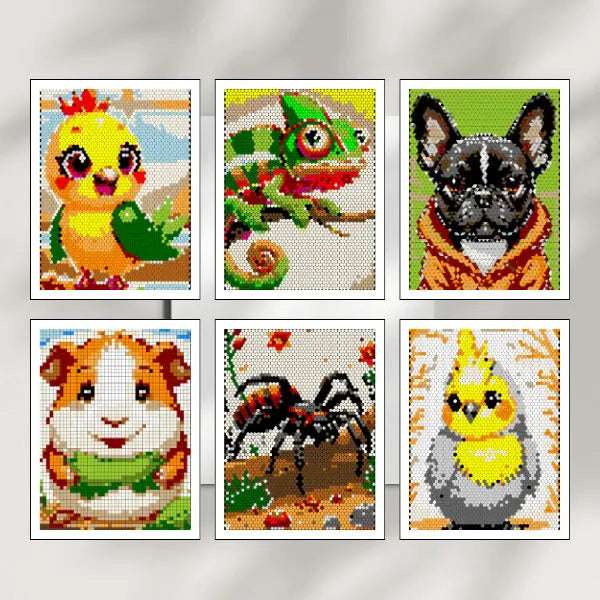 Six art prints of completed color by number pet animal designs, featuring a guinea pig, a spider, a cockatiel, a chick, a chameleon, and a french bulldog, all created with mosaic patterns.